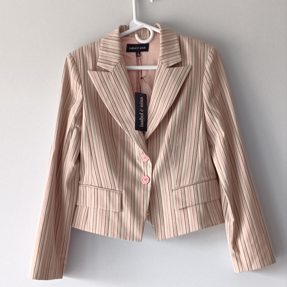 New Vintage Isabel & Nina Blazer Buttons Lined Khaki Pink Coral Stripes Size 8
